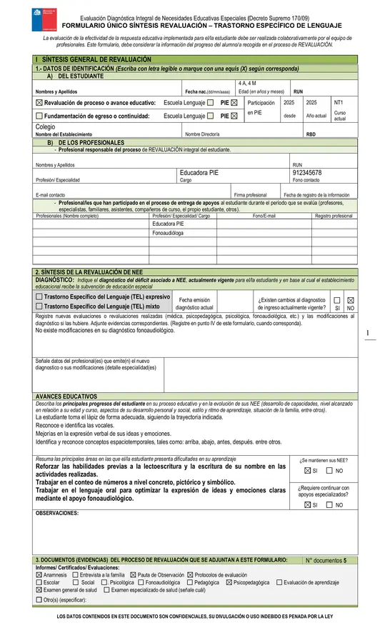 Formulario FUR (Reevaluación PIE) TEL - NEET