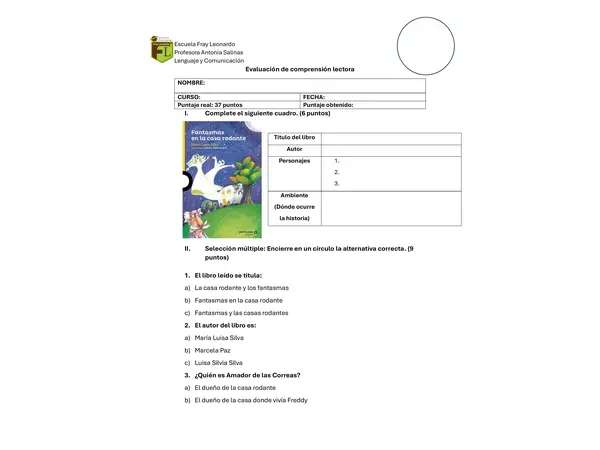 Evaluacion comprensiòn de lectura