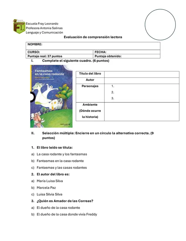 Evaluacion comprensiòn de lectura