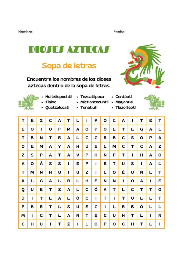 Sopas de letras dioses aztecas