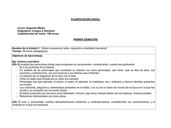 Planificacion Anual, Lenguaje segundo Medio, 