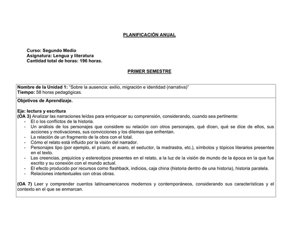 Planificacion Anual, Lenguaje segundo Medio, 