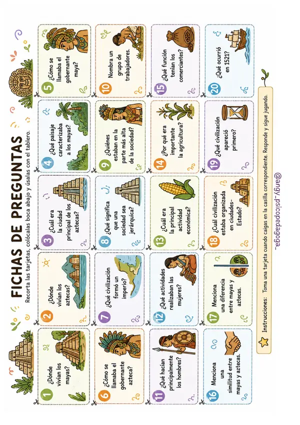 Fichas de estudio "Los Mayas y Aztecas", incluye Juego para repaso.