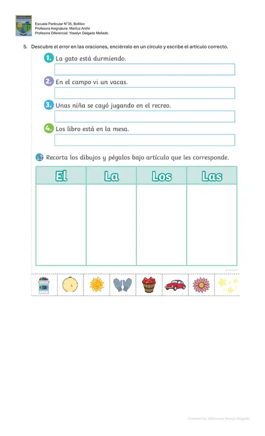 Guía de aprendizaje o prueba de artículos, sustantivos y adejtivos 