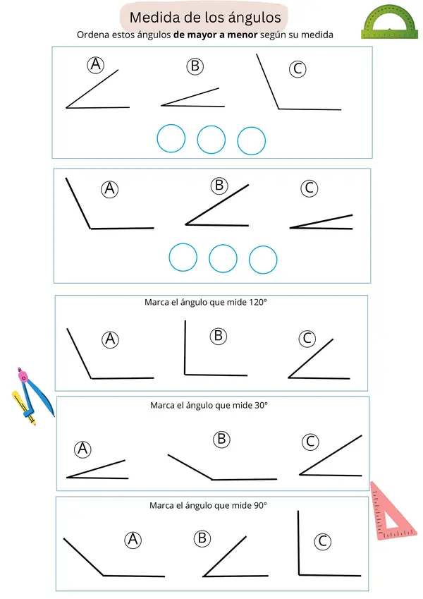 Ficha de Matemática: Ángulos y Triángulos - Identificación, Medición y Dibujo