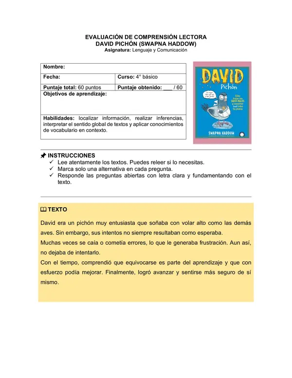 Prueba del libro "David Pichón" (Swapna Haddow )