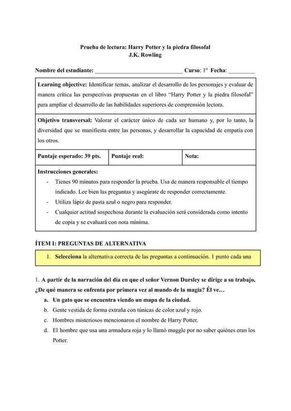 Prueba Harry Potter y la piedra filosofal
