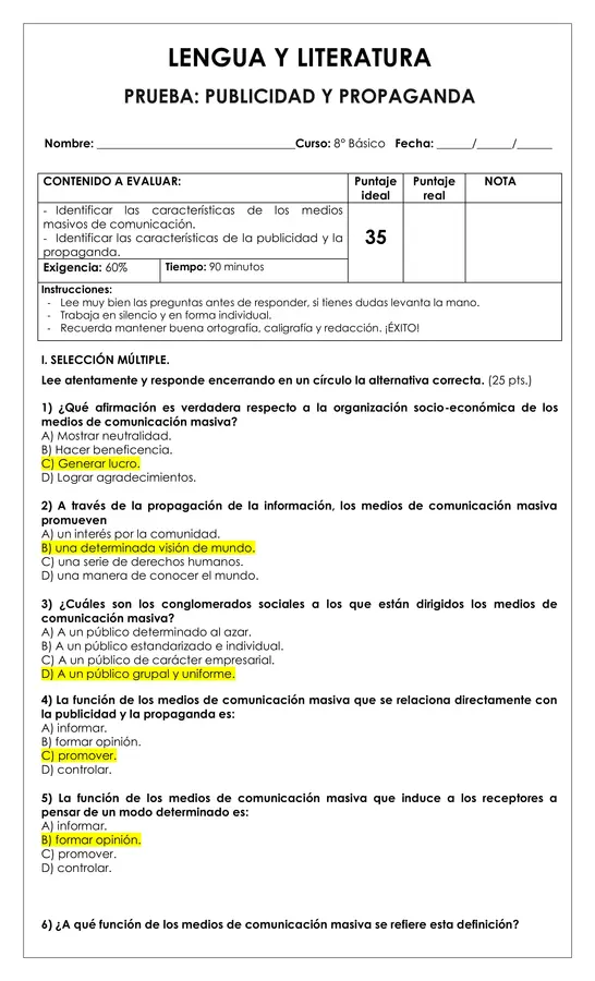 Prueba o guía evaluada - 8° básico - M.M.C, publicidad y propaganda (Lengua y literatura)