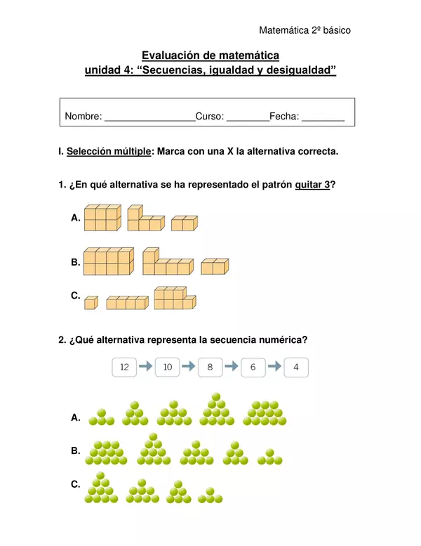Evaluación de matemática 2°año:"Secuencia, igualdad y desigualdad".