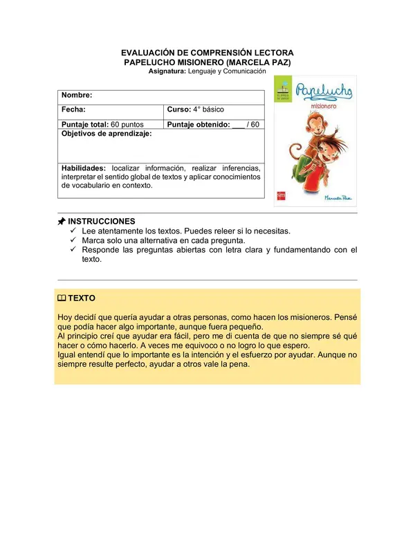 Prueba del libro "Papelucho misionero" (Marcela Paz)