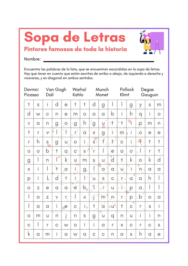 Sopa de letras pintores famosos
