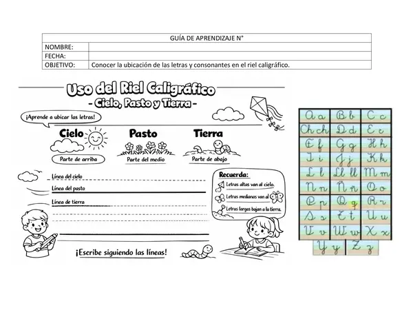 Guía de Caligrafía: Uso del Riel Caligráfico - Cielo, Pasto y Tierra (Formato Word)