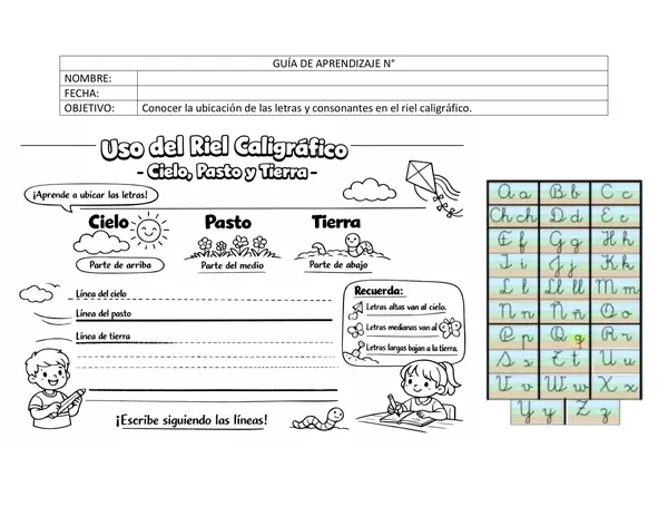 Guía de Caligrafía: Uso del Riel Caligráfico - Cielo, Pasto y Tierra (Formato Word)