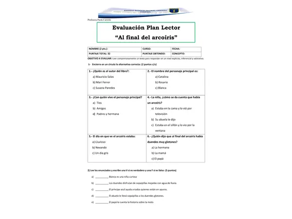 Evaluación Plan Lector: Al final del arcoíris
