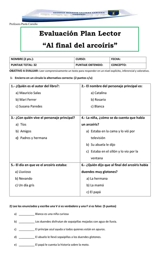 Evaluación Plan Lector: Al final del arcoíris