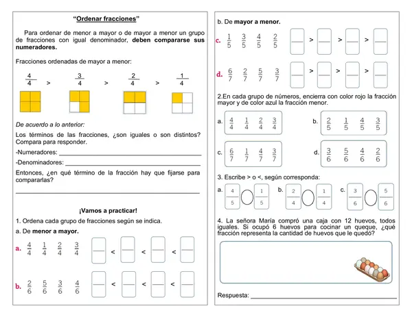 Guía de matemática 3°-4° año "Ordenar fracciones"