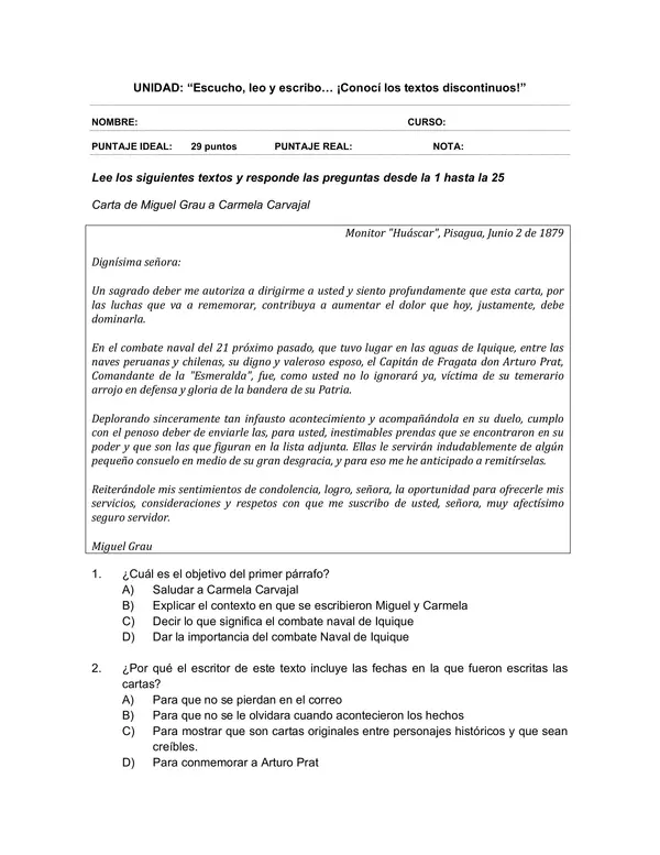 Evaluacion de Lenguaje 6 Basico: textos discontinuos y cartas