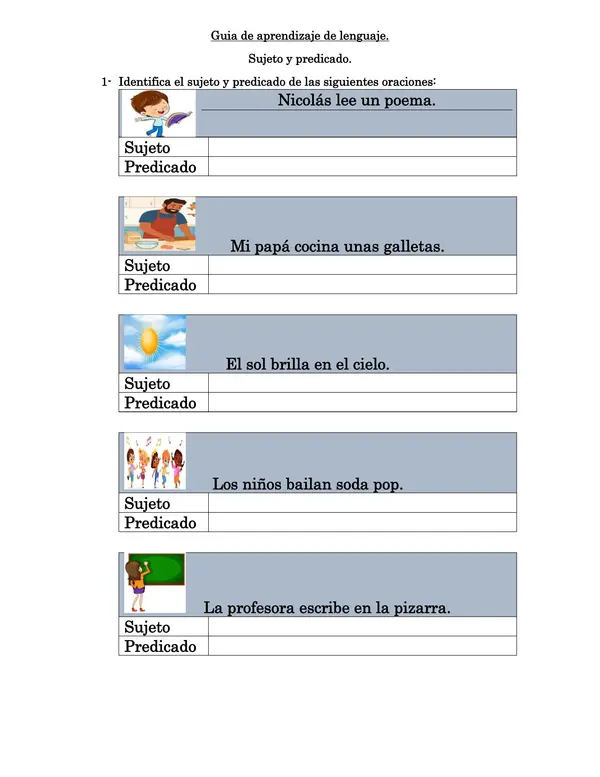 Guía de aprendizaje de lenguaje sujeto y predicado.