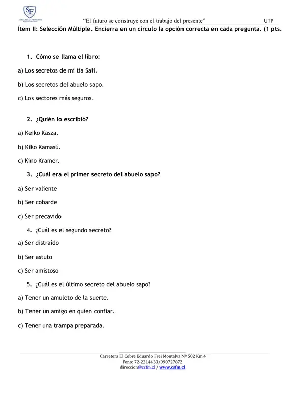 Prueba lectura  domiciliaria  "Los secretos del Abuelo Sapo"