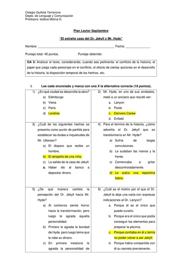 Evaluación "El extraño caso del Dr. Jekyll y Mr. Hyde"