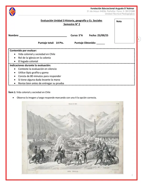 Evaluación sobre la colonia en Chile Editable