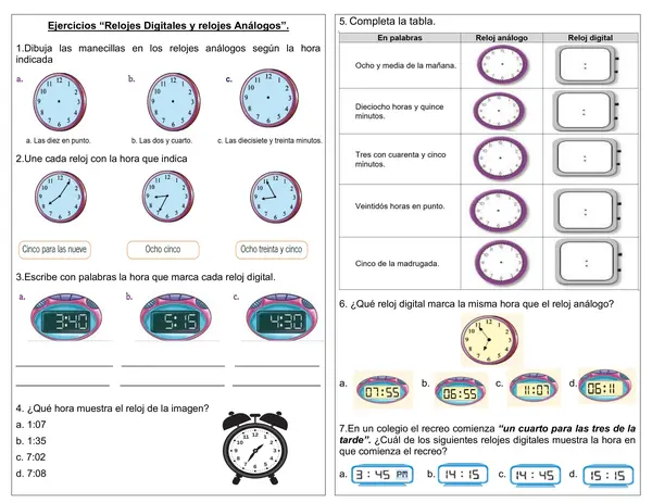 Guía de matemática 3°- 4° año "Ejercicios con reloj digital y reloj análogo"
