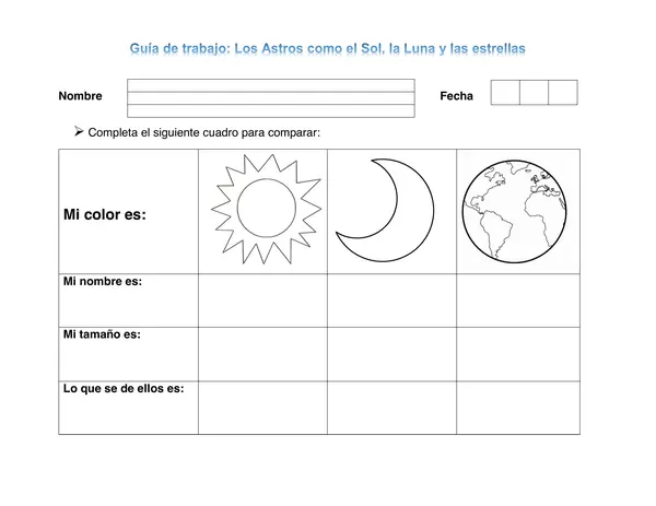 Guia de trabajo Astros como el Sol, la Luna y las estrellas, ciencias Naturales, primero basico