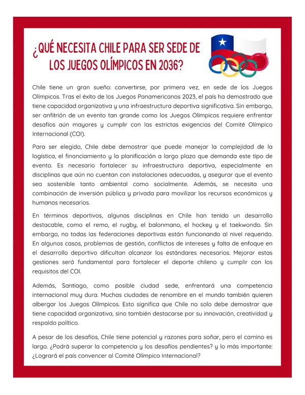 Comprensión lectora: Artículo informativo - Chile en los juegos olímpicos 