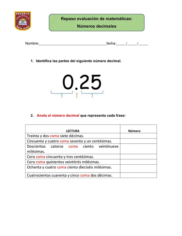 Repaso evaluación de matemáticas:  Números decimales