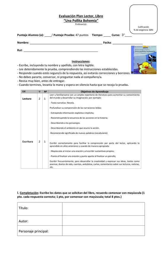 Evaluación libro "Una pollita Bohemia" tercer año