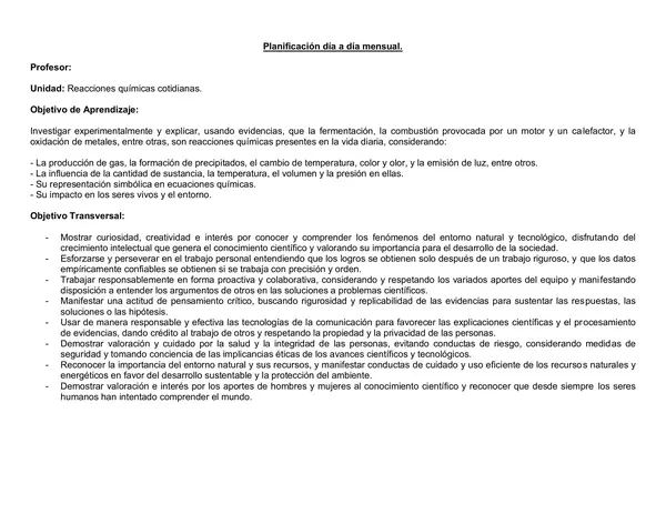 Planificación Clase a Clase Marzo - Ciencias Naturales - Química - 1° Medio