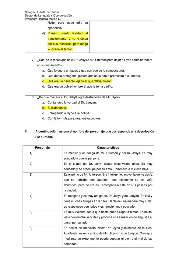 Evaluación "El extraño caso del Dr. Jekyll y Mr. Hyde"