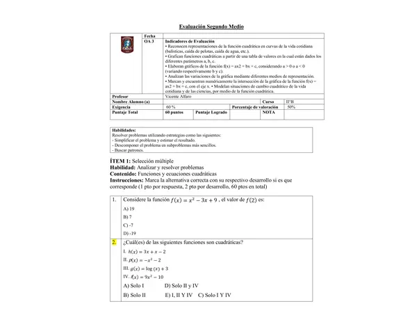 Evaluación función cuadrática segundo medio