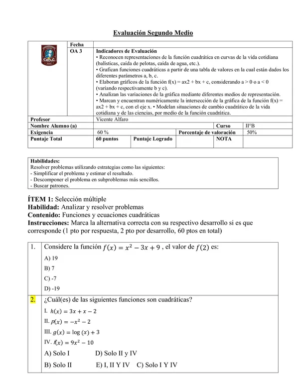 Evaluación función cuadrática segundo medio
