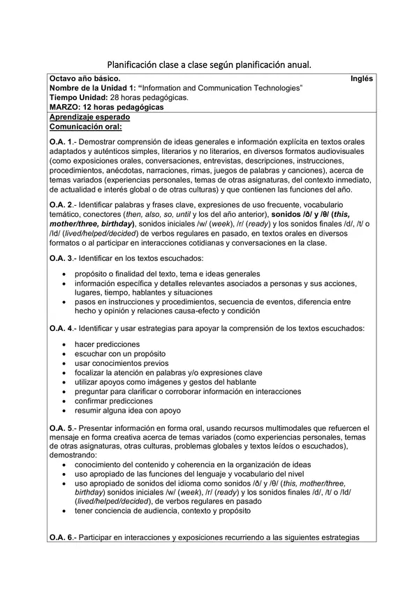 Planificación Clase a Clase: Marzo | Inglés 8° Básico