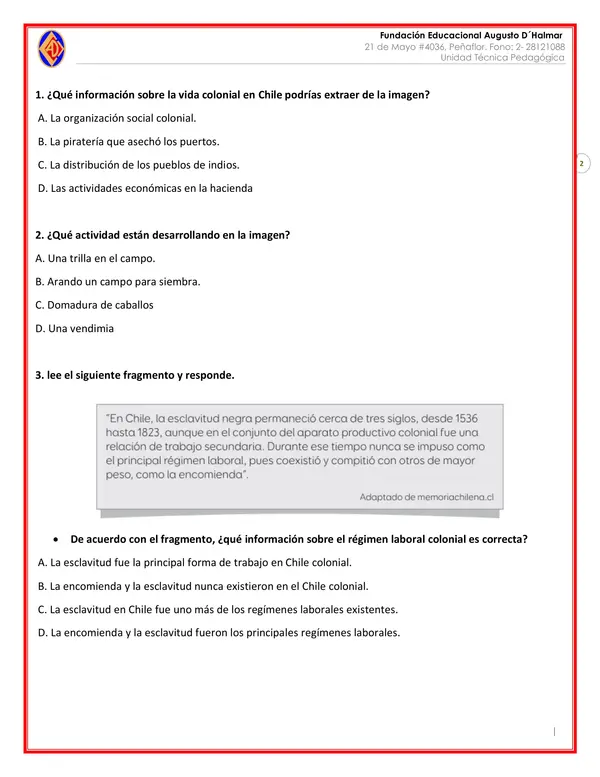Evaluación sobre la colonia en Chile Editable