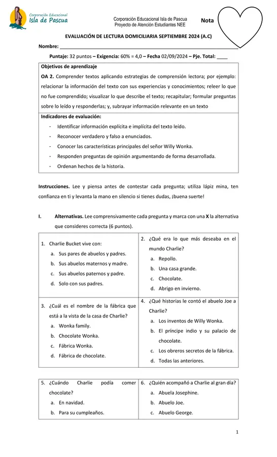 EVALUACIÓN DE LECTURA DOMICILIARIA Chalie y la Fabrica de Chocolates 