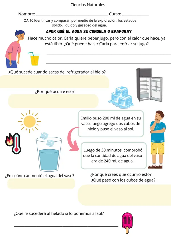  El Agua: Evaporación y Congelación Ficha de Ciencias para 2° - 4° Básico