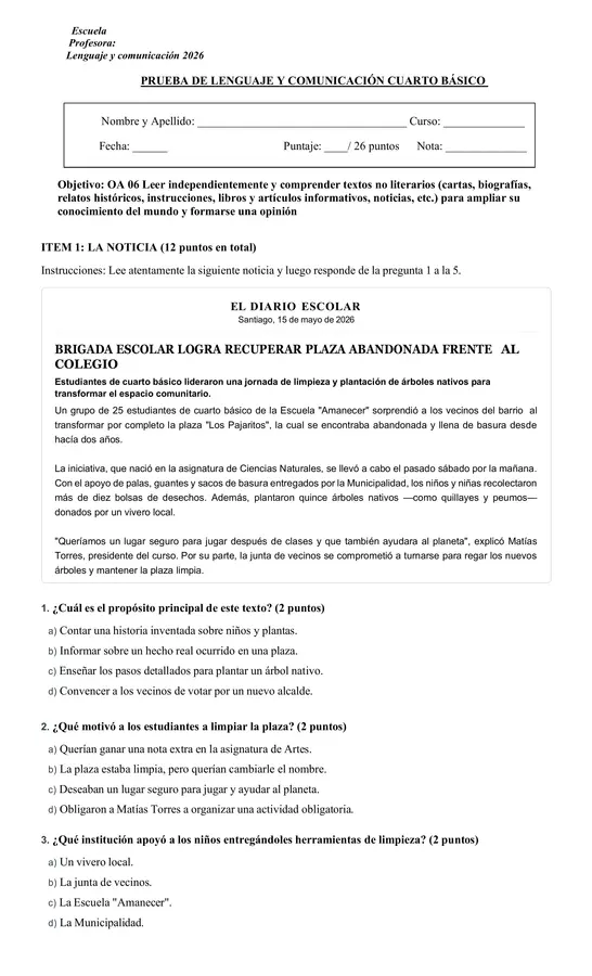PRUEBA DE LENGUAJE CUARTO BASICO