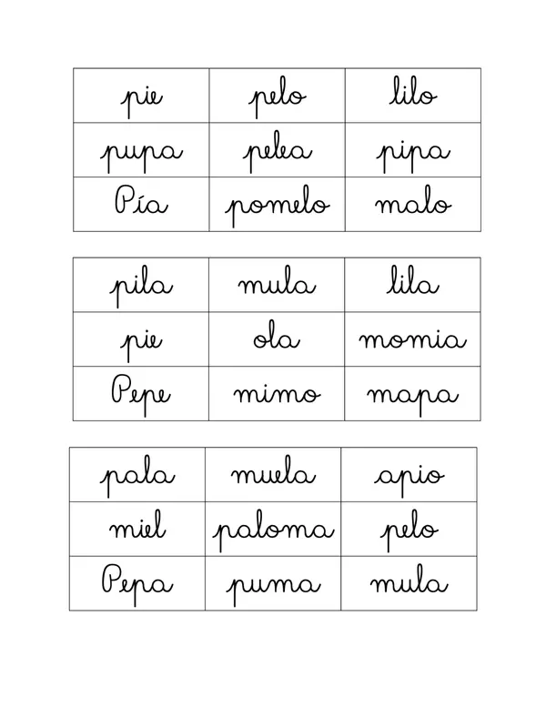 Bingo palabras M - L - P