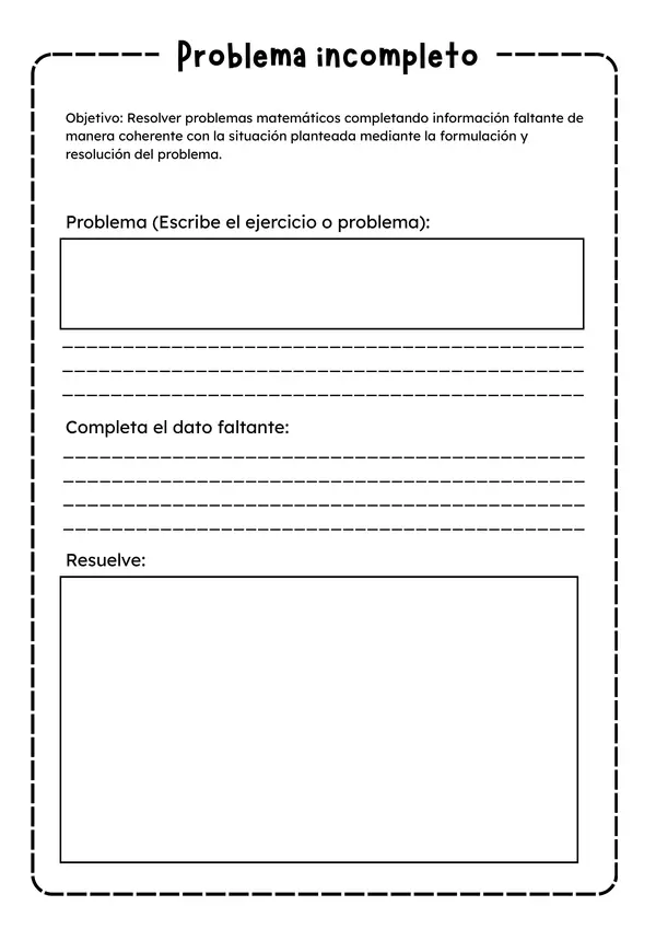 Problemas matemáticos incompletos: ficha de razonamiento