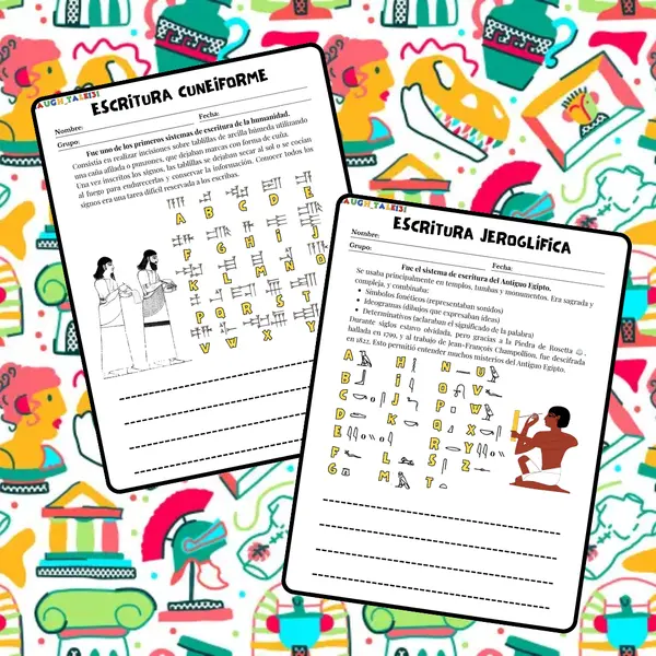 ✍️ Ficha Didáctica: Escritura Cuneiforme y Jeroglífica – ¡Descubre cómo escribían en la antigüedad!