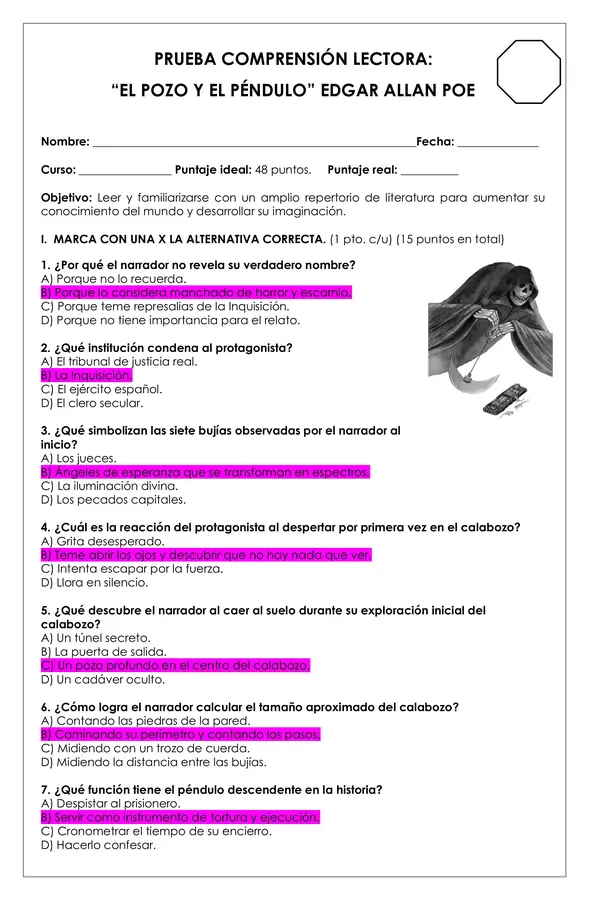 Prueba Lectura - El pozo y el péndulo (cuento Edgar Allan Poe)