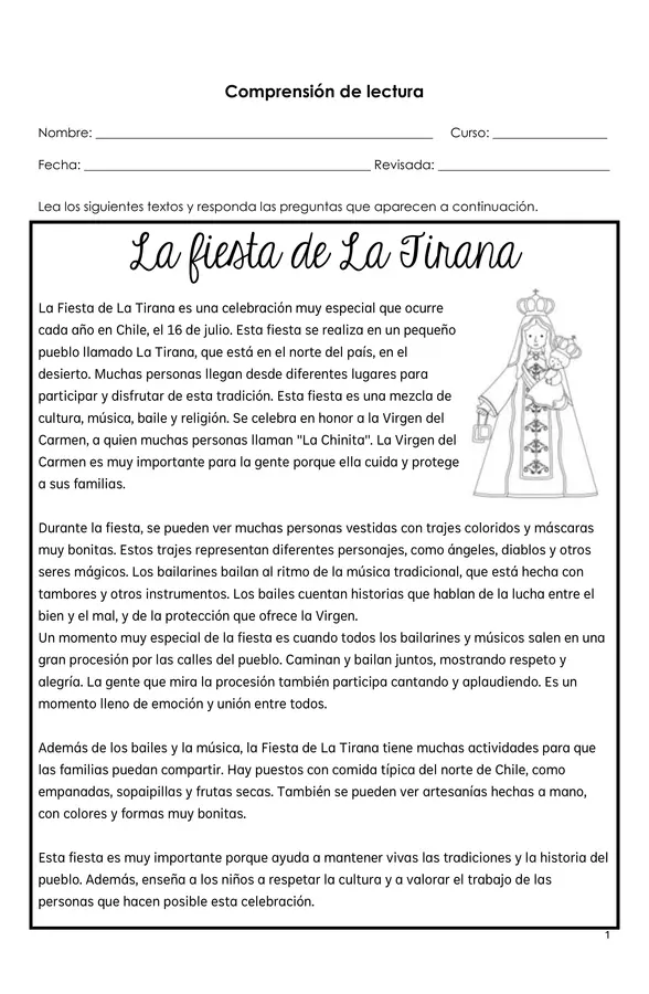 Comprensión de lectura (Fiesta de la Tirana)