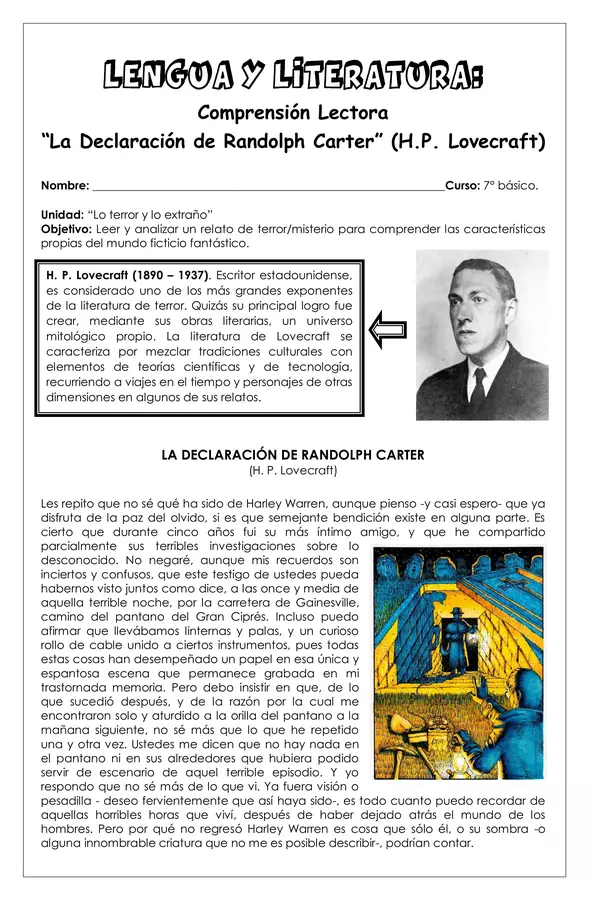 Guía de trabajo - "La declaración de Randolph Carter" (H.P. Lovecarft) - 7° Lengua y literatura