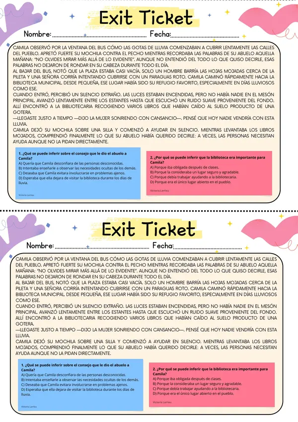 Ticket de salida comprensión lectora 6° básico