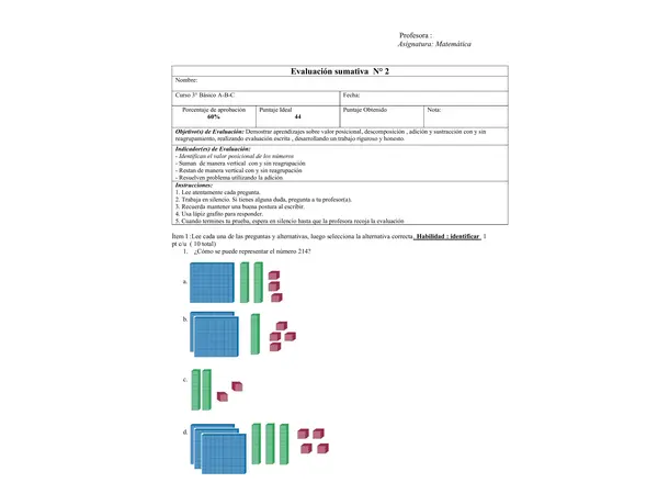 Evaluación matemática 3° básico