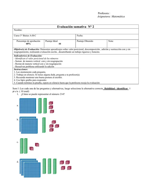 Evaluación matemática 3° básico