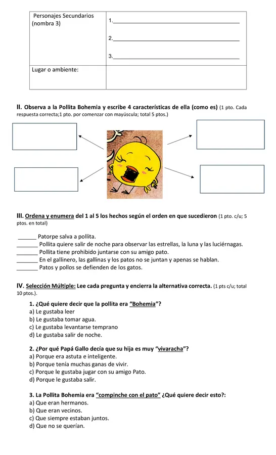 Evaluación libro "Una pollita Bohemia" tercer año