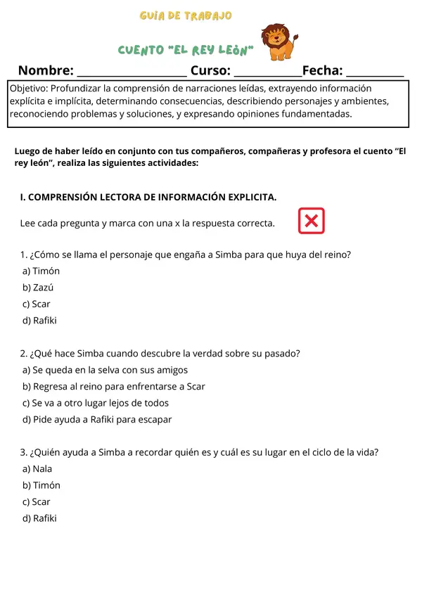 Guía de trabajo "El rey león"